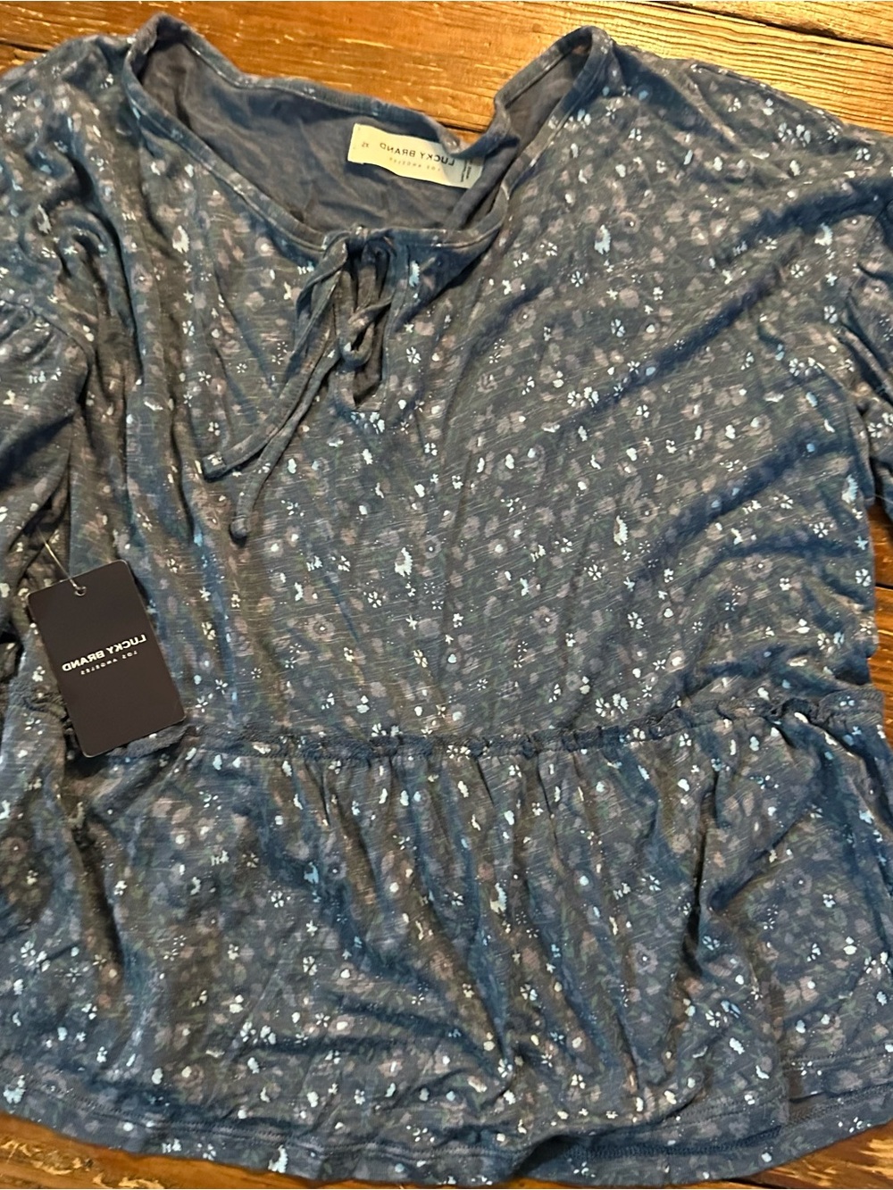 Lucky Brand Slate Blue Floral Tie-Neck Top